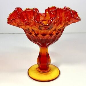Vintage Fenton Amberina Thumbprint Compote Orange Red Art Glass Pedestal Bowl 6"